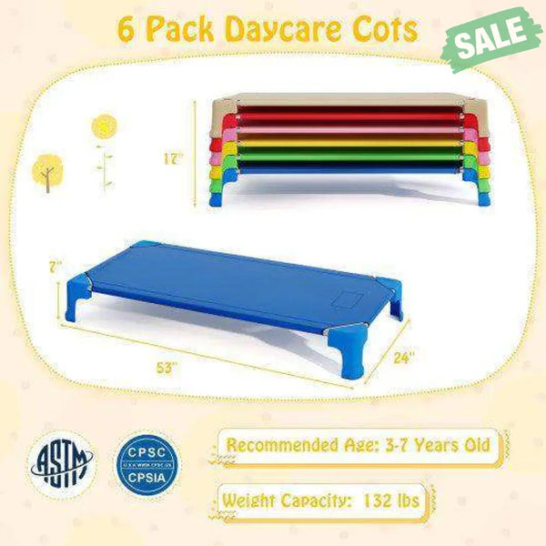 Portable 6 Pack Stackable Daycare Cots Sleeping Bed for Kids 53 Inch-Blue Blue Toddler Beds