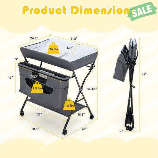 Portable Adjustable Height Newborn Nursery Organizer with Wheel-Black Black Changing Tables