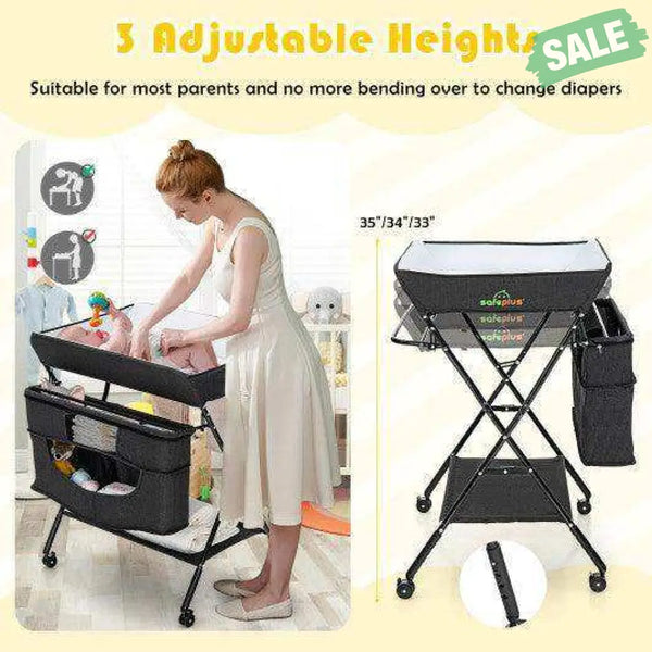 Portable Adjustable Height Newborn Nursery Organizer with Wheel-Black Black Changing Tables