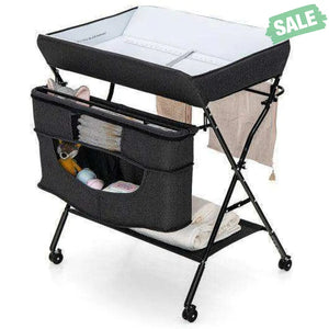 Portable Adjustable Height Newborn Nursery Organizer with Wheel-Black Black Changing Tables