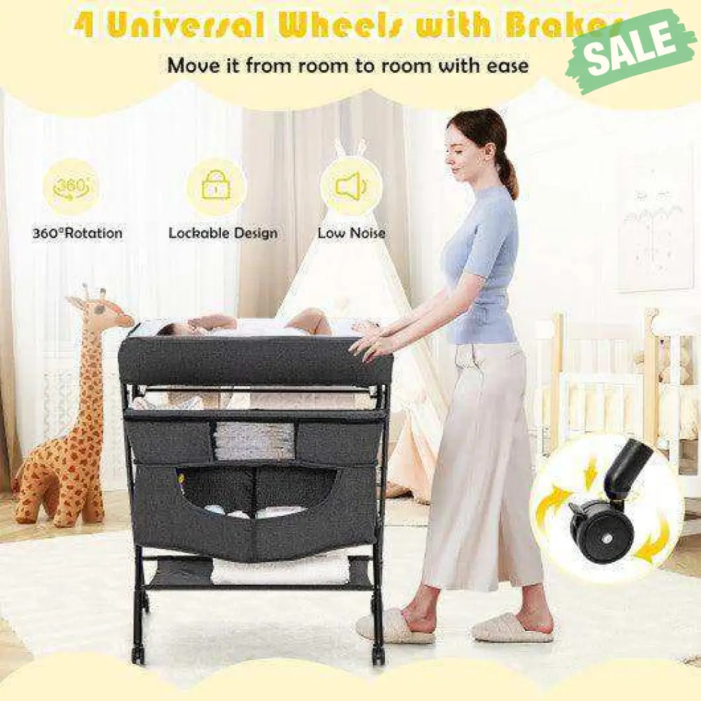 Portable Adjustable Height Newborn Nursery Organizer with Wheel-Black Black Changing Tables