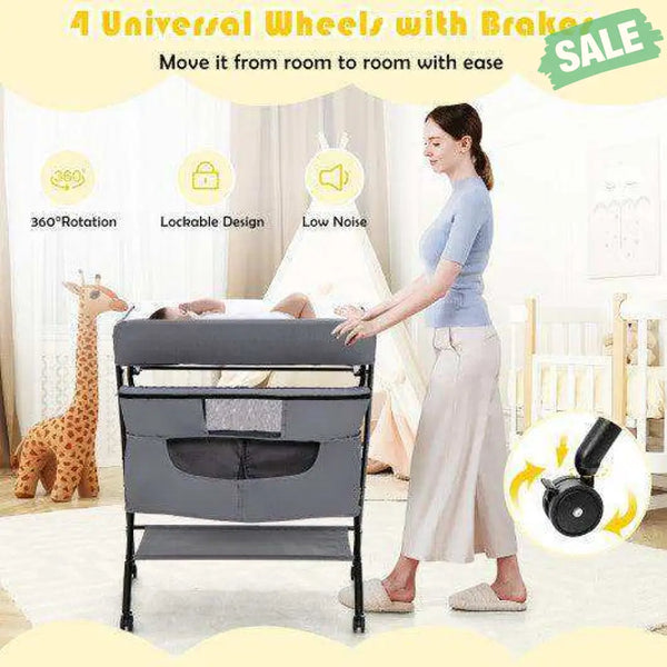 Portable Adjustable Height Newborn Nursery Organizer with Wheel-Black Black Changing Tables