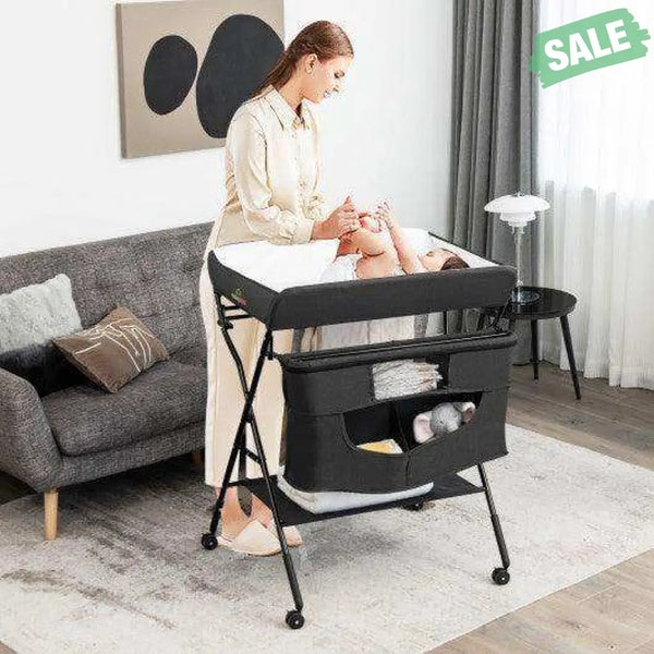 Portable Adjustable Height Newborn Nursery Organizer with Wheel-Black Black Changing Tables