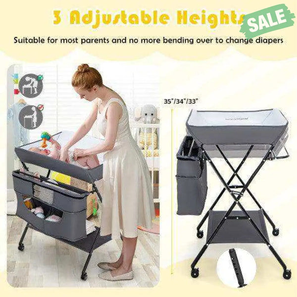 Portable Adjustable Height Newborn Nursery Organizer with Wheel-Black Gray Changing Tables