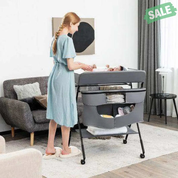 Portable Adjustable Height Newborn Nursery Organizer with Wheel-Black Gray Changing Tables