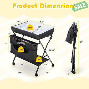 Portable Adjustable Height Newborn Nursery Organizer with Wheel-Black Gray Changing Tables