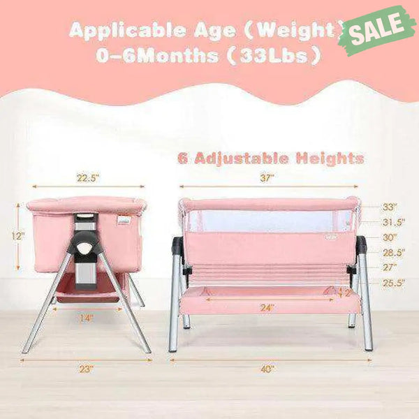 Portable Baby Bedside Sleeper with Adjustable Heights and Angle-Pink