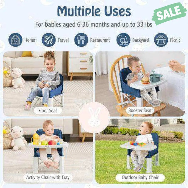 Portable Baby Booster Seat with Straps and Double Tray-Blue