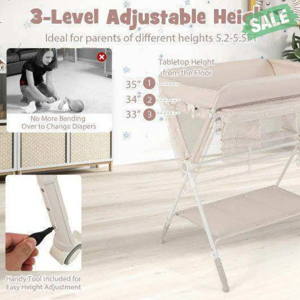 Portable Baby Changing Table with 3-Level Adjustable Height-Beige Gray Changing Tables