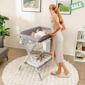 Portable Baby Changing Table with 3-Level Adjustable Height-Beige Gray Changing Tables
