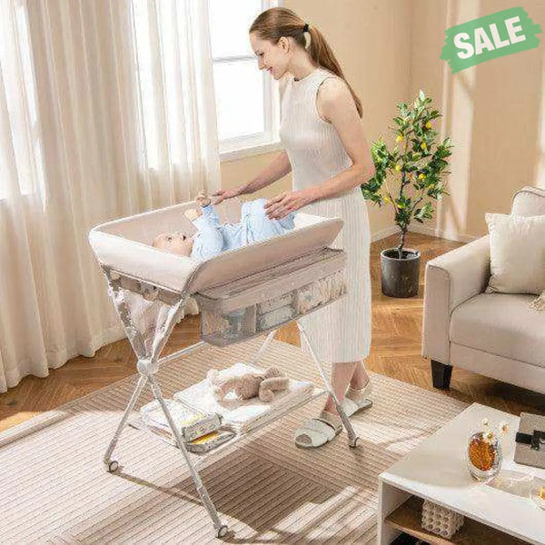 Portable Baby Changing Table with 3-Level Adjustable Height-Beige Gray Changing Tables