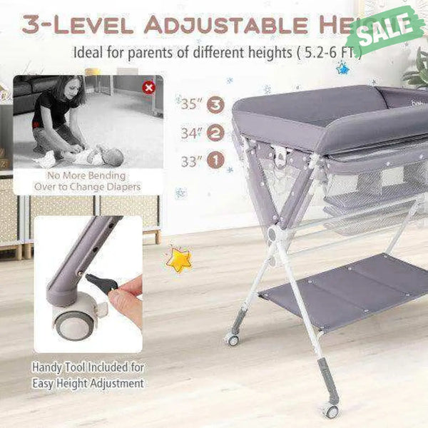 Portable Baby Changing Table with 3-Level Adjustable Height-Beige Gray Changing Tables