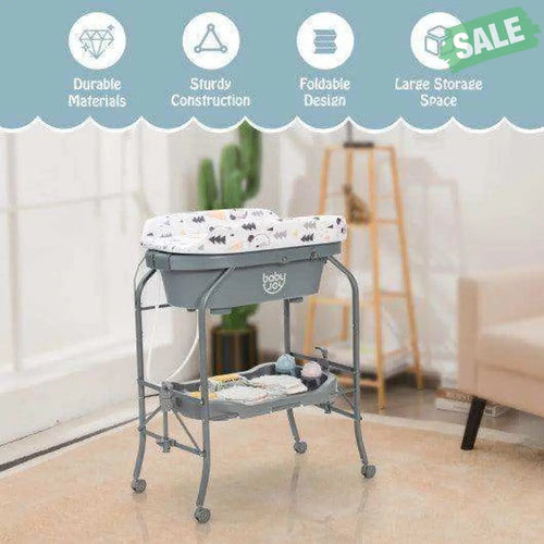 Portable Baby Changing Table with Storage Basket and Shelves-Gray Gray Changing Tables