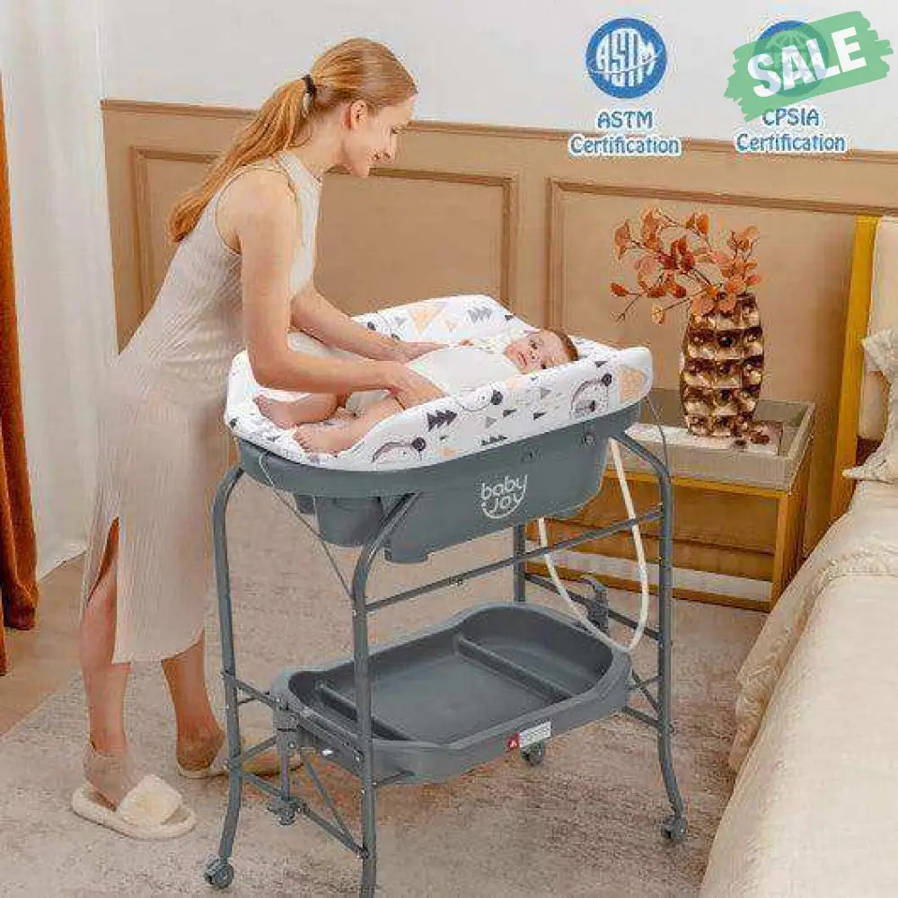 Portable Baby Changing Table with Storage Basket and Shelves-Gray Gray Changing Tables