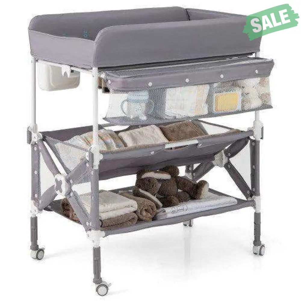 Portable Baby Changing Table with Wheels and Large Storage Rack-Gray Gray Changing Tables