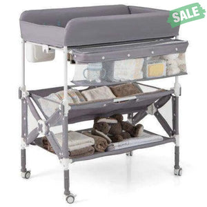 Portable Baby Changing Table with Wheels and Large Storage Rack-Gray Gray Changing Tables