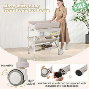Portable Baby Changing Table with Wheels and Large Storage Rack-Gray Gray Changing Tables
