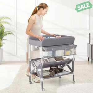 Portable Baby Changing Table with Wheels and Large Storage Rack-Gray Gray Changing Tables