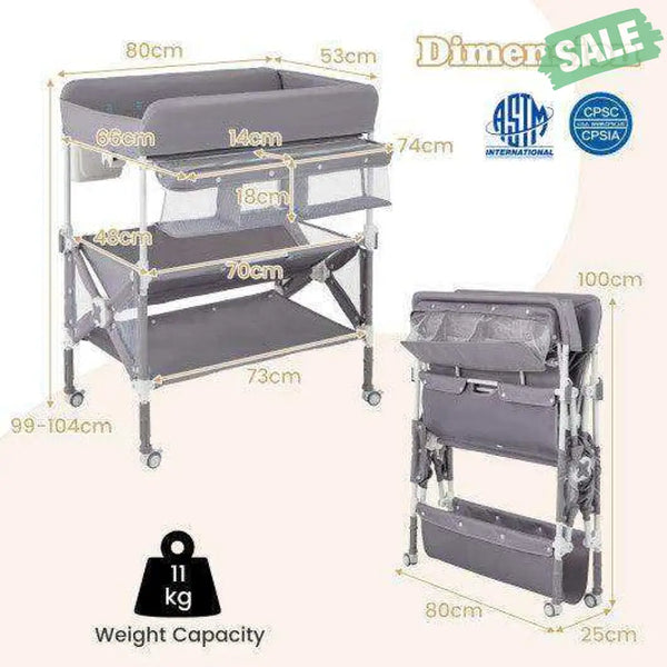 Portable Baby Changing Table with Wheels and Large Storage Rack-Gray Gray Changing Tables