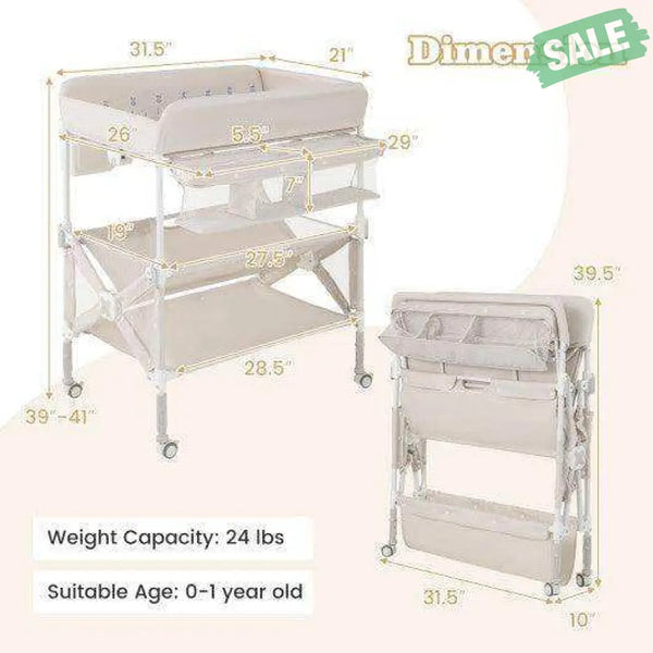 Portable Baby Changing Table with Wheels and Large Storage Rack-Gray Gray Changing Tables