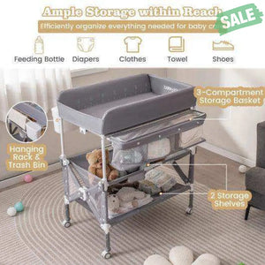 Portable Baby Changing Table with Wheels and Large Storage Rack-Gray Gray Changing Tables