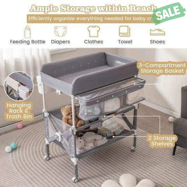 Portable Baby Changing Table with Wheels and Large Storage Rack-Gray Gray Changing Tables