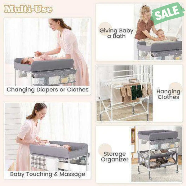 Portable Baby Changing Table with Wheels and Large Storage Rack-Gray Gray Changing Tables