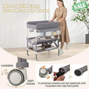 Portable Baby Changing Table with Wheels and Large Storage Rack-Gray Gray Changing Tables