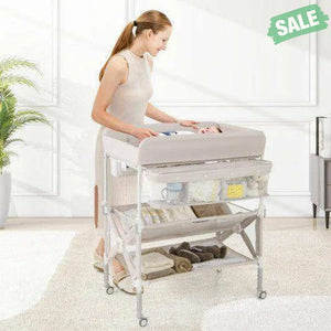 Portable Baby Changing Table with Wheels and Large Storage Rack-Gray Gray Changing Tables