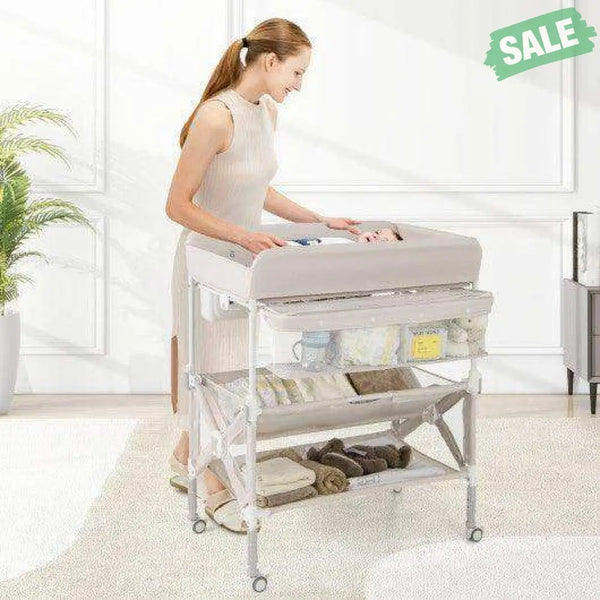 Portable Baby Changing Table with Wheels and Large Storage Rack-Gray Gray Changing Tables