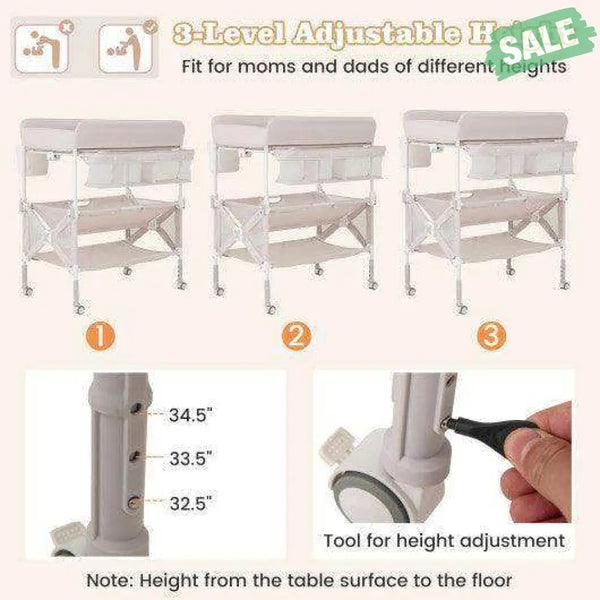 Portable Baby Changing Table with Wheels and Large Storage Rack-Gray Gray Changing Tables