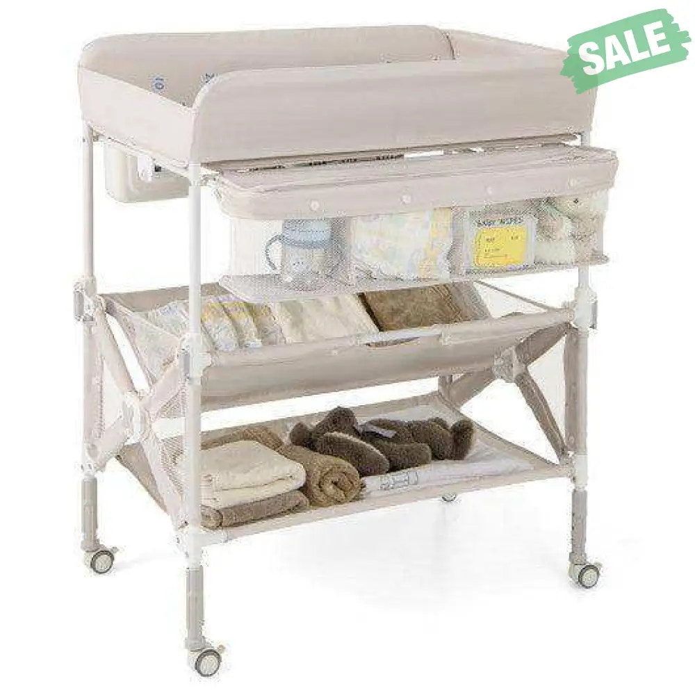 Portable Baby Changing Table with Wheels and Large Storage Rack-Natural