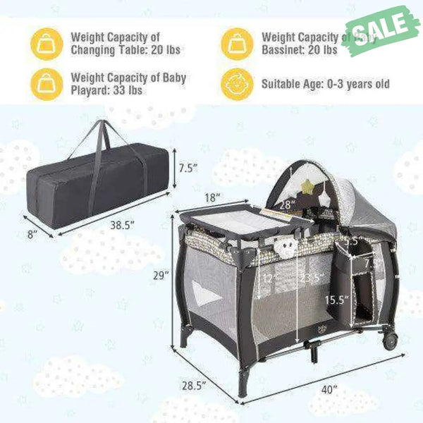 Portable Baby Nursery Center 4-in-1 Portable Travel Crib-Light Gray