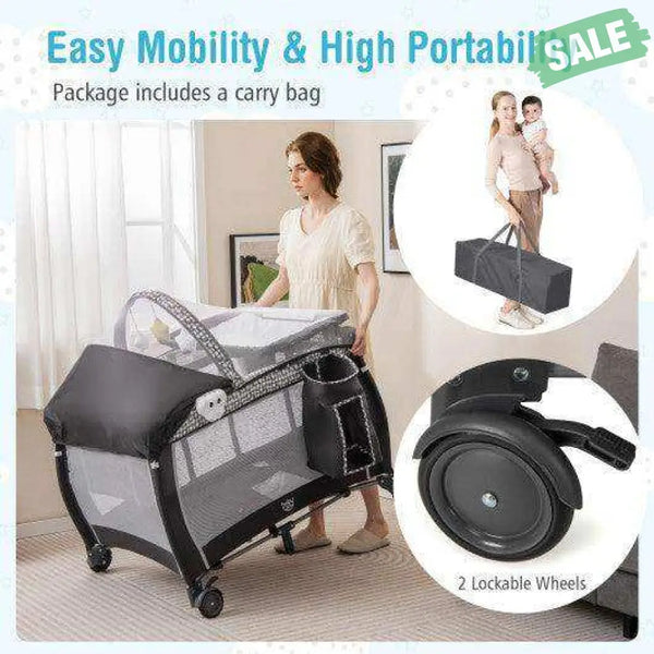 Portable Baby Nursery Center 4-in-1 Portable Travel Crib-Light Gray