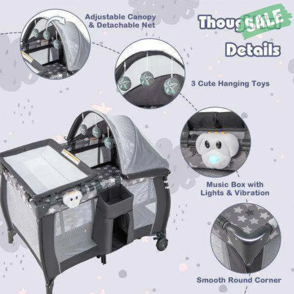 Portable Baby Nursery Center 4-in-1 Portable Travel Crib-Gray