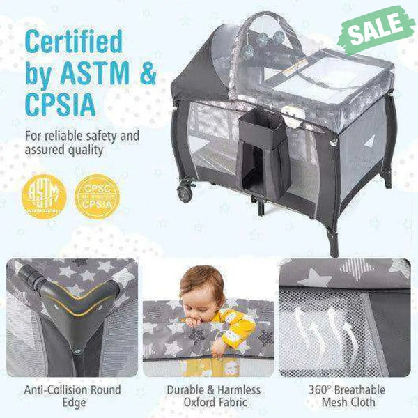 Portable Baby Nursery Center 4-in-1 Portable Travel Crib-Gray