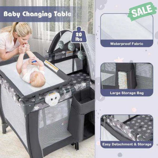 Portable Baby Nursery Center 4-in-1 Portable Travel Crib-Gray