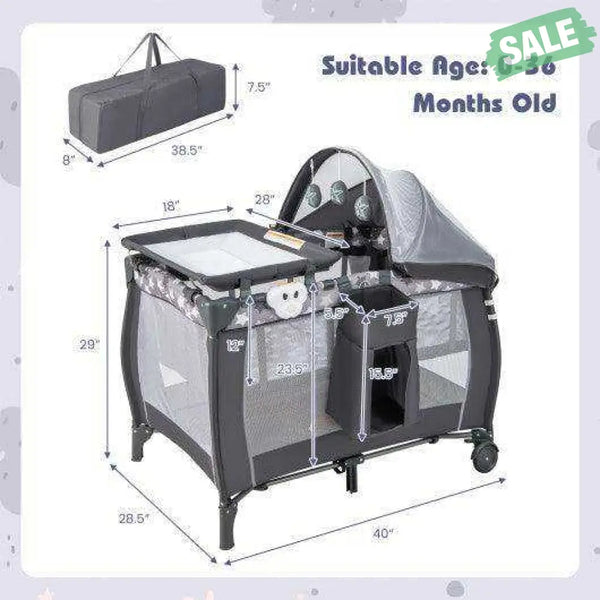 Portable Baby Nursery Center 4-in-1 Portable Travel Crib-Gray