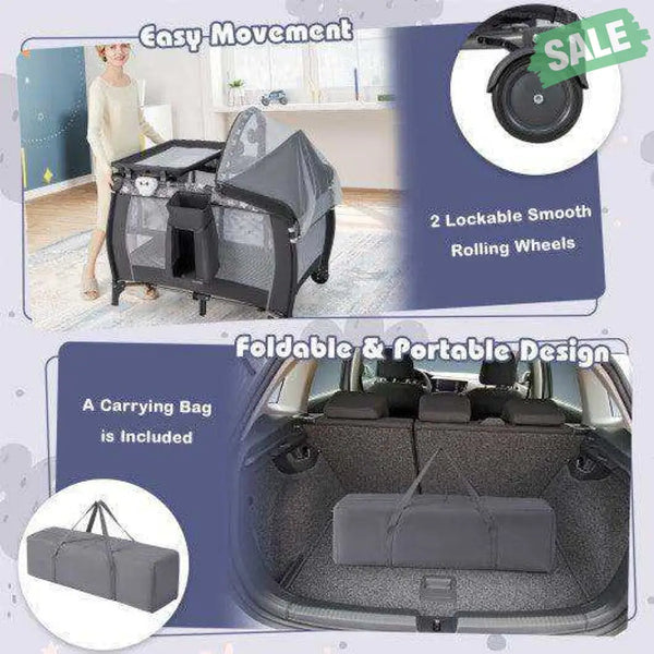 Portable Baby Nursery Center 4-in-1 Portable Travel Crib-Gray