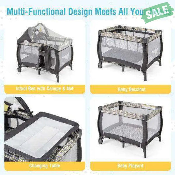 Portable Baby Nursery Center 4-in-1 Portable Travel Crib-Light Gray