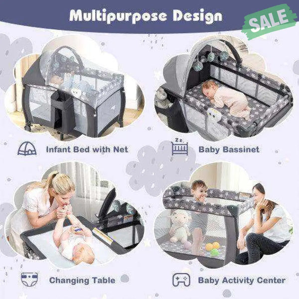 Portable Baby Nursery Center 4-in-1 Portable Travel Crib-Gray