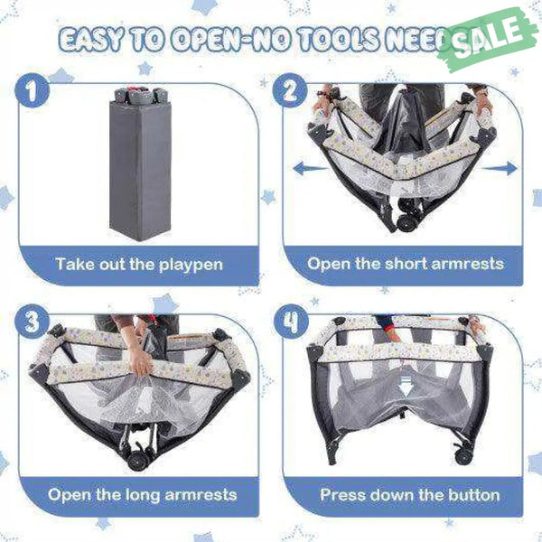 Portable Baby Playard with Changing Table Bassinet and Music Box-Gray Multicolor Baby Playpen & Playards