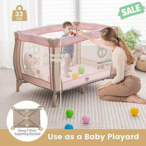 Portable Baby Playard with Changing Table Bassinet and Music Box-Gray Pink Baby Playpen & Playards