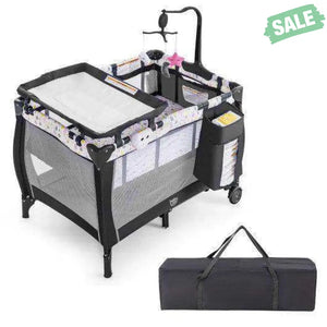 Portable Baby Playard with Changing Table Bassinet and Music Box-Gray Baby Playpen & Playards