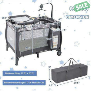 Portable Baby Playard with Changing Table Bassinet and Music Box-Gray Baby Playpen & Playards