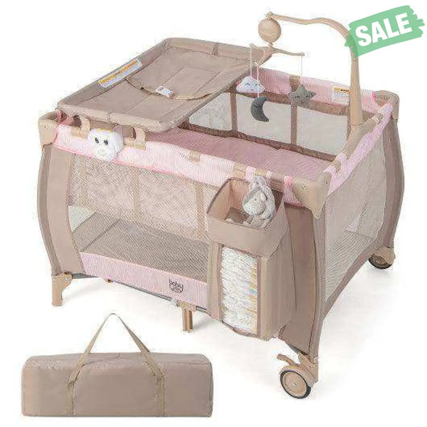 Portable Baby Playard with Changing Table Bassinet and Music Box-Gray Baby Playpen & Playards