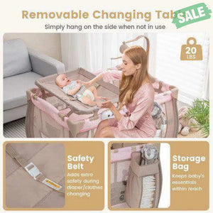 Portable Baby Playard with Changing Table Bassinet and Music Box-Gray Baby Playpen & Playards