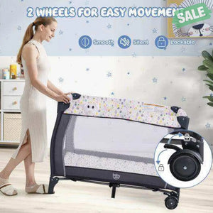 Portable Baby Playard with Changing Table Bassinet and Music Box-Gray Baby Playpen & Playards