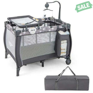 Portable Baby Playard with Changing Table Bassinet and Music Box-Gray Baby Playpen & Playards