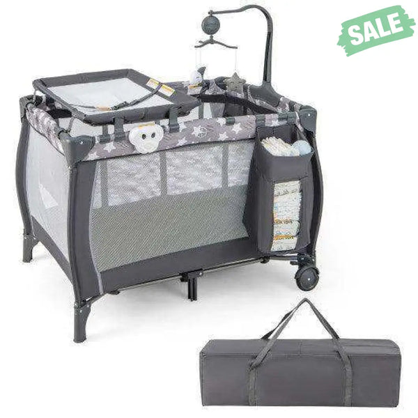 Portable Baby Playard with Changing Table Bassinet and Music Box-Gray Baby Playpen & Playards